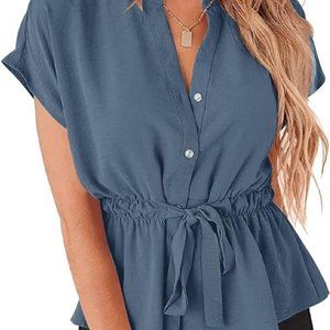 Womens Button Down Chiffon Peplum Blouse XL NEW